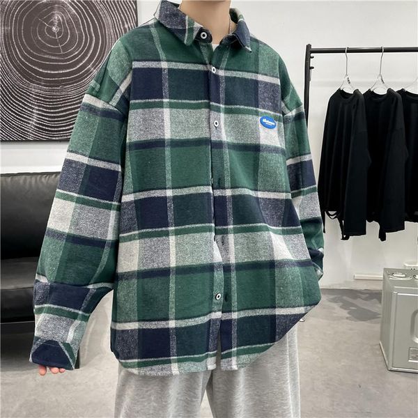 

men's casual shirts 2021 autumn street flannel plaid thick shirt jacket men apanese couple style harajuku male vintage loose long sleev, White;black