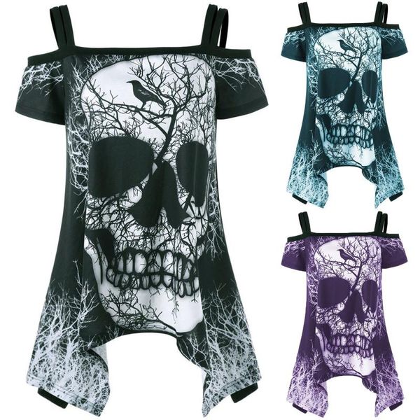 

women's t-shirt skull oversized female cold shoulder tshirt women 2021 short sleeve t-shirts irregular open tee shirt, White