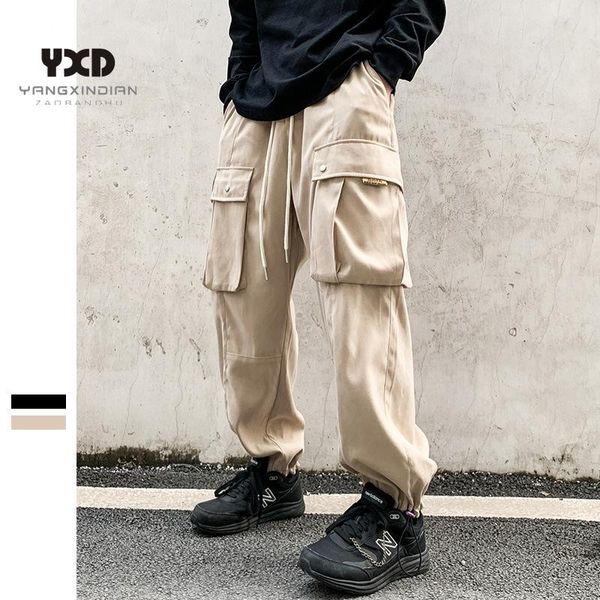 

men's pants men trendy cargo fashion brand multi-pocket khaki loose for man japanese style solid color casual beige trousers, Black