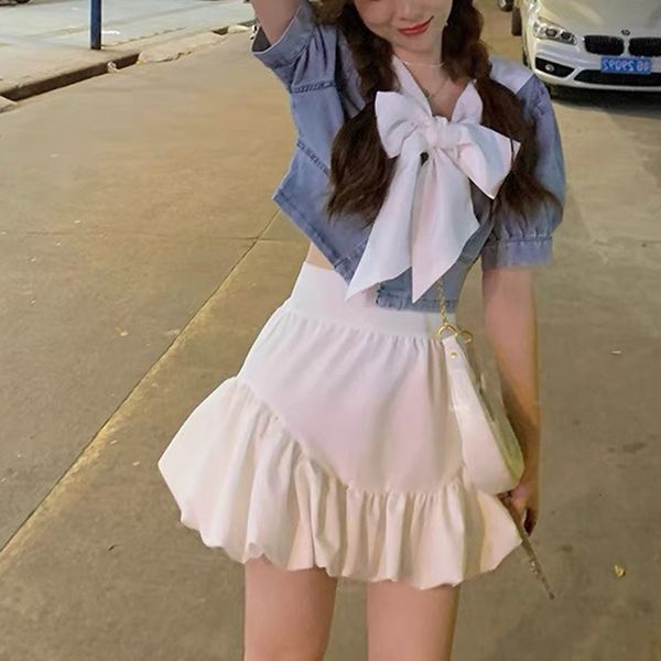 

women's tracksuits est summer short sleeve big bow jean jacket + high waist pleated puff skirt suit 6lnb, Gray