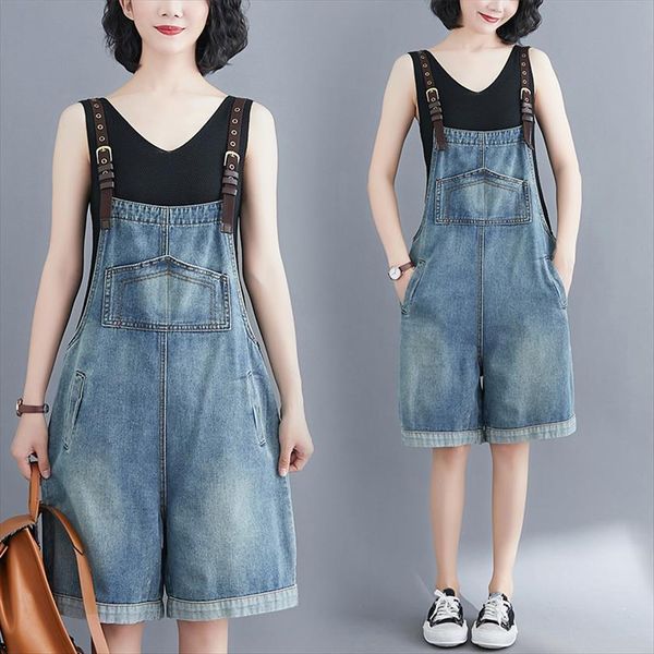 

half denim overall shorts summer womens rompers korean style large size straps loose thin wide leg jumpsuit fashion, Black;white
