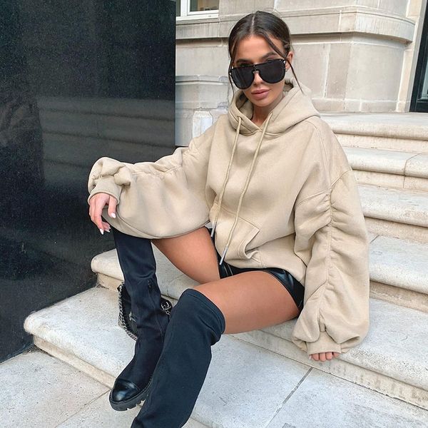 

women's hoodies & sweatshirts 2021 y2k spring solid hooded streetwear loose pocket lantern sleeve pullover vintage fashion 2or, Black