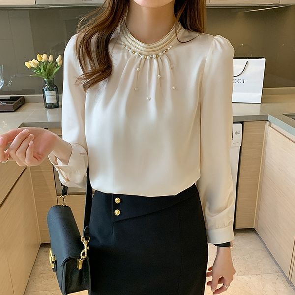 

women's blouses & shirts fashion of women and blouses office beads woman's blouse chiffon shirt long women's shirts 7bc6, White