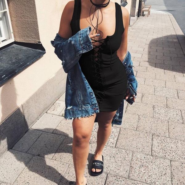 

women mini sleeveless club dress vestidos v-neck lacing bodycon bandage casual dresses, Black;gray
