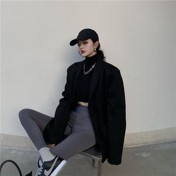 

women's wool & blends autumn and winter mid-length solid color loose large size casual hole design woolen coat jacket, Black