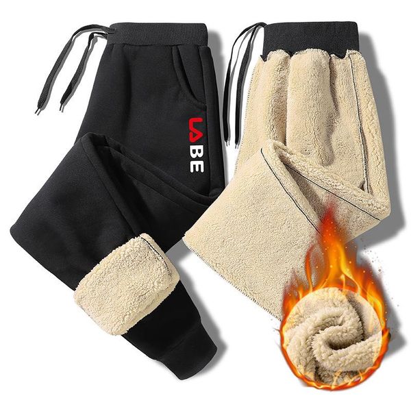 

men's pants autumn and winter plus velvet thickened sweatpants 2021 sports leisure beam lamb casual, Black