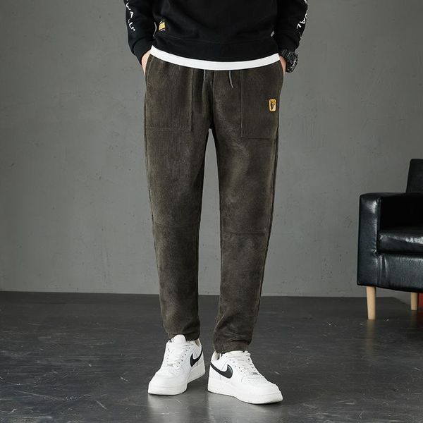 

men's pants 2021 winter warm fleece corduroy trousers men casual streetwear ankle-length cozy all-match thick jogger, Black