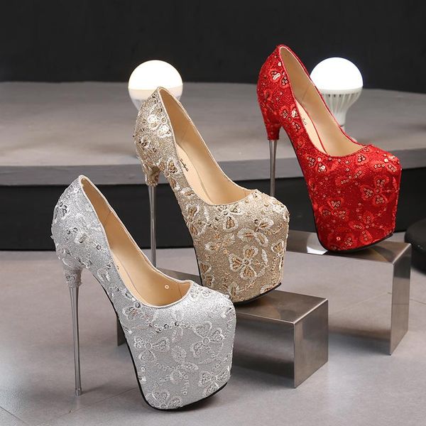 

dress shoes female 20cm 22cm 30cm metal thin heels red woman wedding pumps platforms steel pipe dance stilettos sequins zapatos mujer, Black