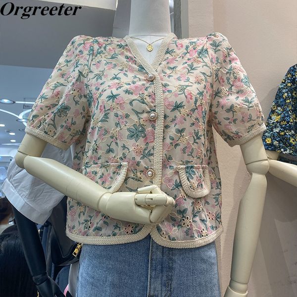 

summer floral pintted hollow out embroidery crop women v-neck pearl button short sleeve blouse cardigan 210525, White
