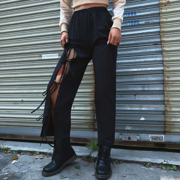 

women's pants & capris jiezuofang 2021 fashion loose bind a bow classy trousers wide leg for women casual elastic high waist wide-leg, Black;white