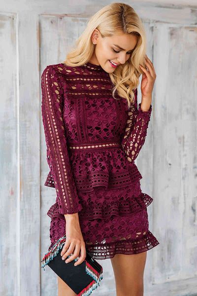 

female runway hollow out frilly tunic party gowns dress self portrait star lace crochet cake layered, Black;gray