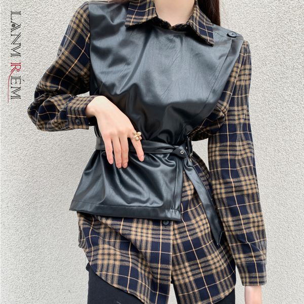 

pu leather stitching plaid pattern blouse women fashionable shirt female streetwear fashion all match clothes 2d1227 210507, White