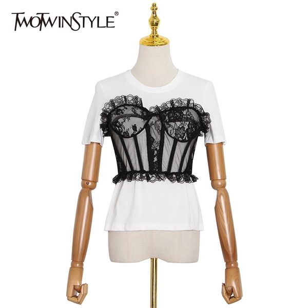 

twotwinstyle patchwork lace zipper t shirt for women o neck short sleeve back split casual t shirts female summer fashion 210320, White