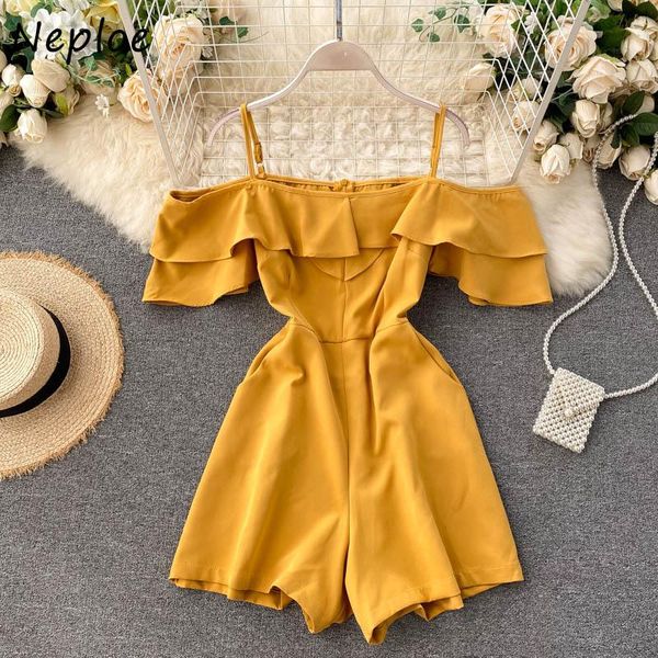 

women's jumpsuits & rompers neploe slash neck fuffles patchwork shoulder strapless camis jumpsuit 2021 wide leg playsuits double pocket, Black;white