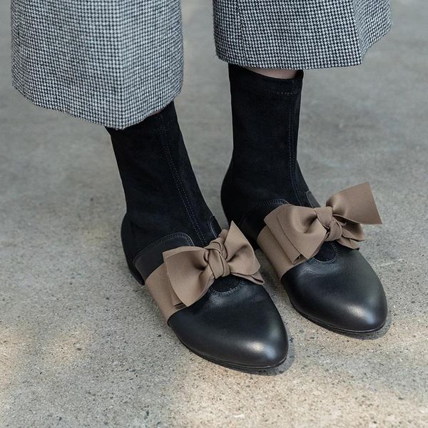 

boots mezereon women patchwork ladies shoes retro girls ankle butterfly-knot leather footwear stretch botas black white