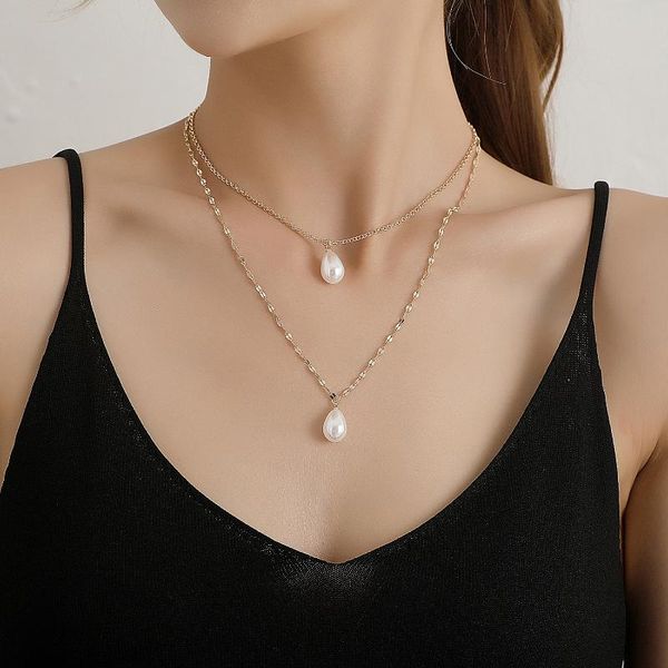 

pendant necklaces 2021 double layer chain gold choker necklace women boho style sumilated pearl fashion jewelry collar, Silver