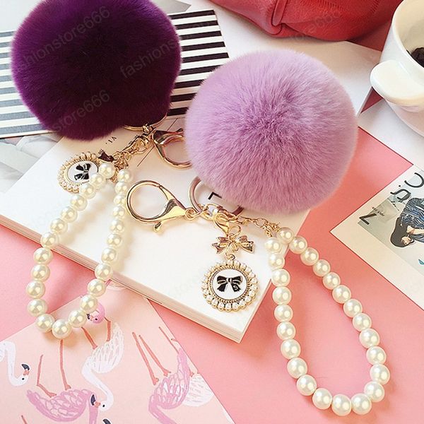 

faux fur pompom keychain bowknot badge pearl key chains for women bag car jewelry couple gifts key ring holder, Slivery;golden