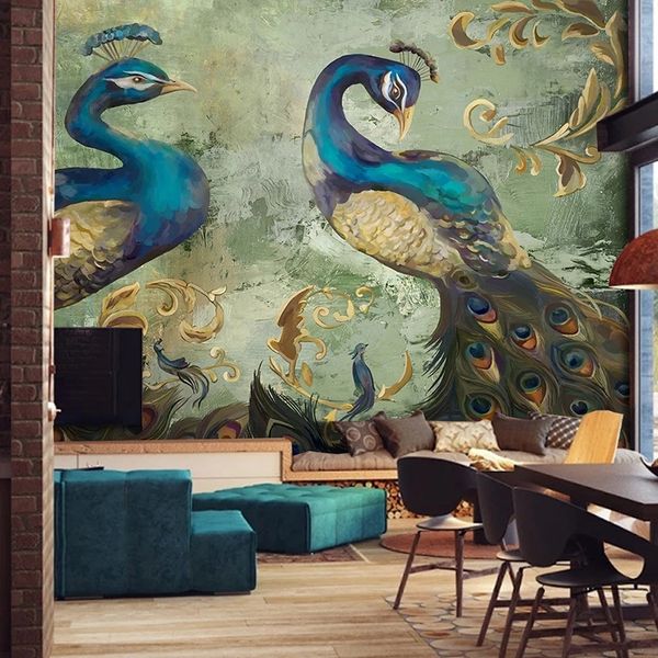 

custom 3d mural retro style peacock background decorations large wall painting living room sofa bedroom self adhesive wallpape