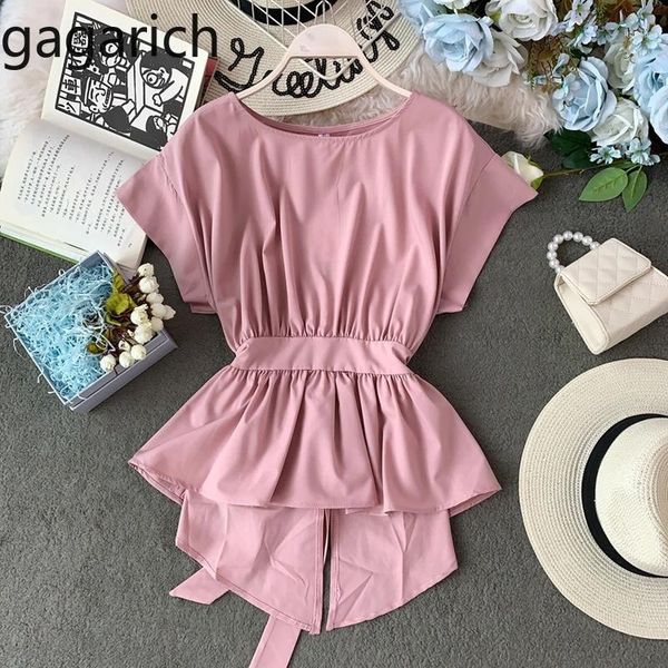 

gagarich women blouse 2021 loose leaf edge irregular waist shirt female short elegant o-neck sleeve solid color women's blouses &, White