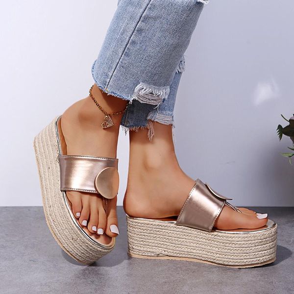 

sandals women pu leather slippers 2021 summer casual beach slip on platform ladies wedges heels open toe female d4, Black