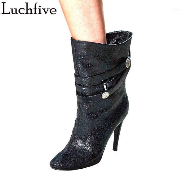 

boots genuine leather winter thin high heels shoes woman pointy toe belts femme black silver ankle for women11