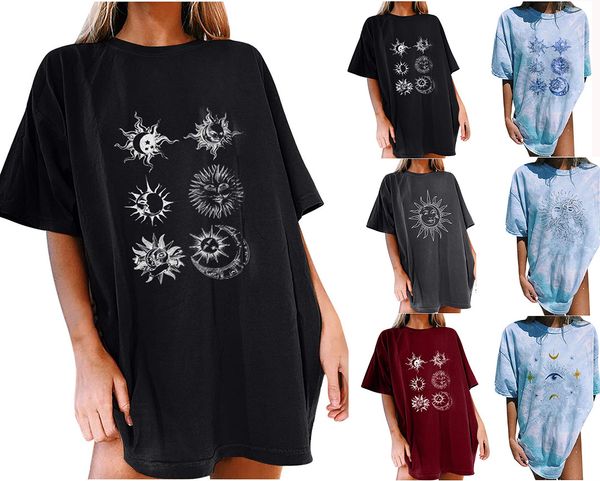 

women t-shirt sun moon print womens retro loose fashion short sleeves crew neck summer clothing, White