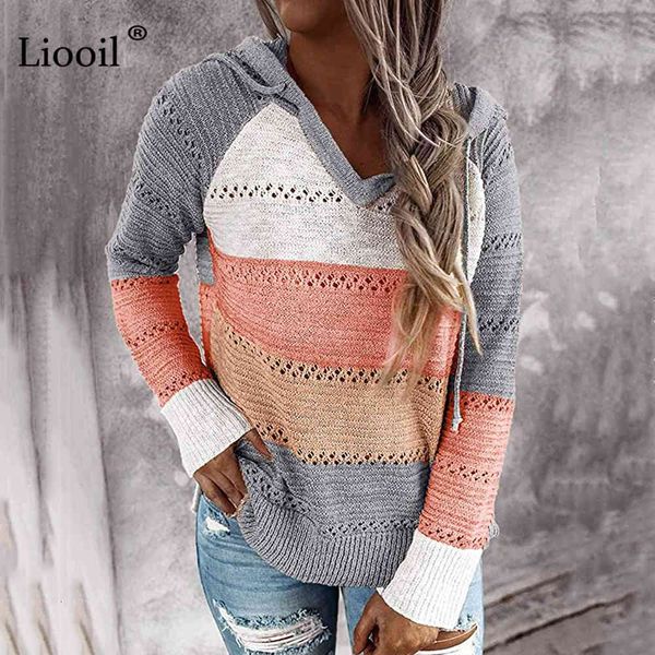 

knits casual knit hooded sweater hollow out women long sleeve patchwork color block loose female hoodies and pullovers, White