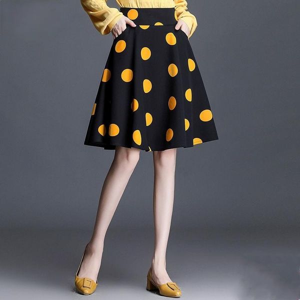 

skirts women 2021 summer fashion polka dot vintage female high waist pleated ladies midi loose swing u69, Black