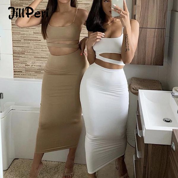 

jillperi women tank crop and midi skirt 2 piece set high stretch solid party club wear kardashian style daily outfit, Black;white