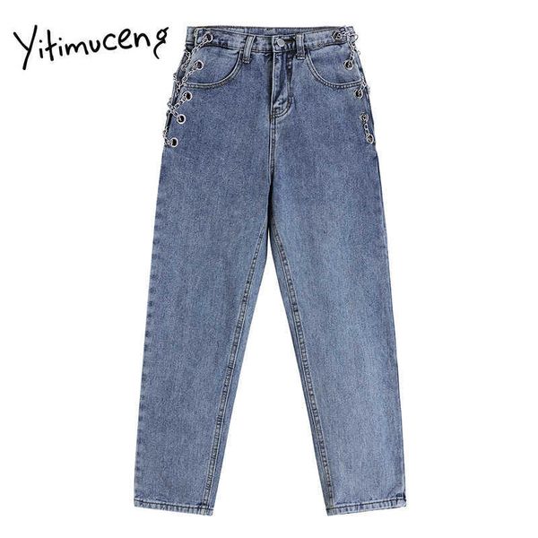 

yitimuceng chain women jeans straight full length trousers spring high waisted denim comfortable casual clothes fashion 210601, Blue