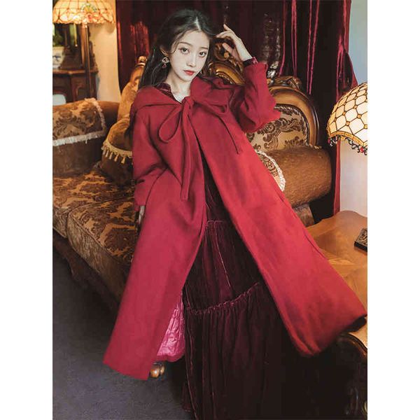 

wool autumn vintage long wool hood loose warm retro female cotton, Black