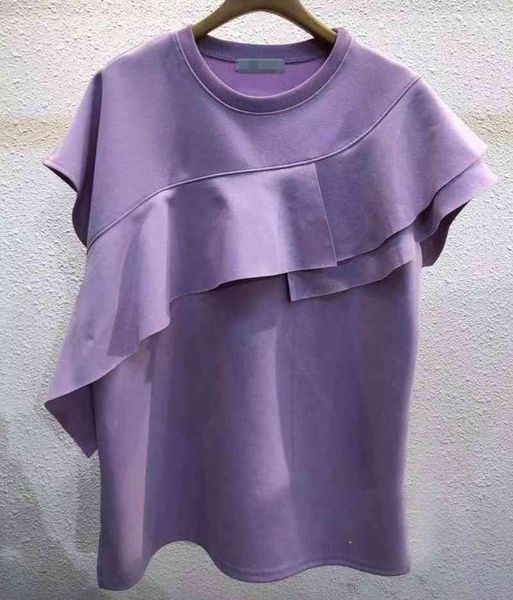 

korean fashion ruffles patchwork woman casual simple o-neck t shirts summer all match short sleeve ladies tee 210514, White