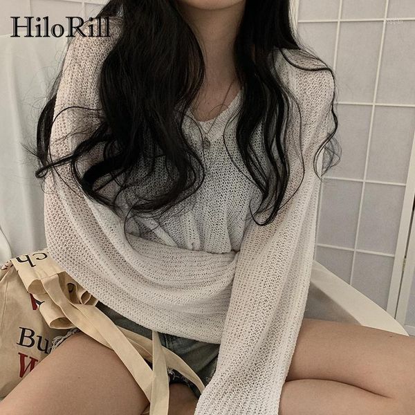 

hilorill solid v neck knit blouse women batwing long sleeve loose casual shirt female basic ladies 2021 ropa de mujer women's blouses, White
