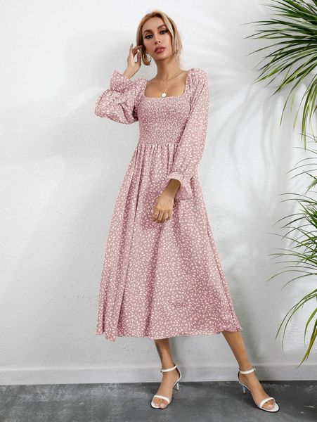 

bell sleeve shirred bodice ditsy floral dress p9ho#, Black;gray