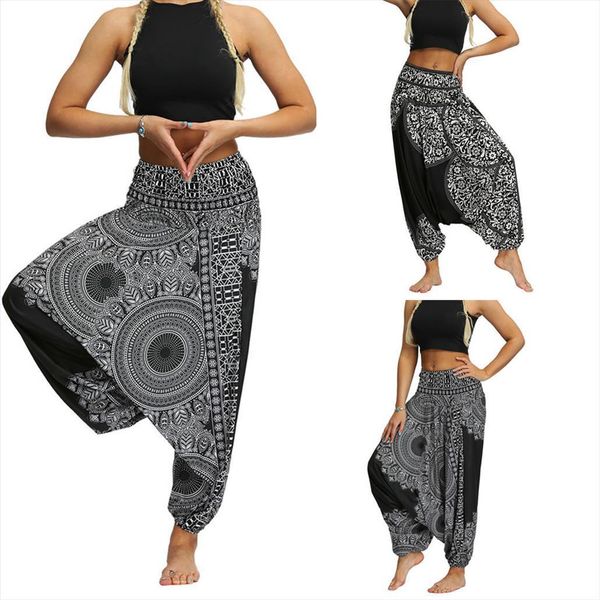 

h30 harem casual summer loose womens capri trousers baggy boho aladdin print fashion jumpsuit, Black;white
