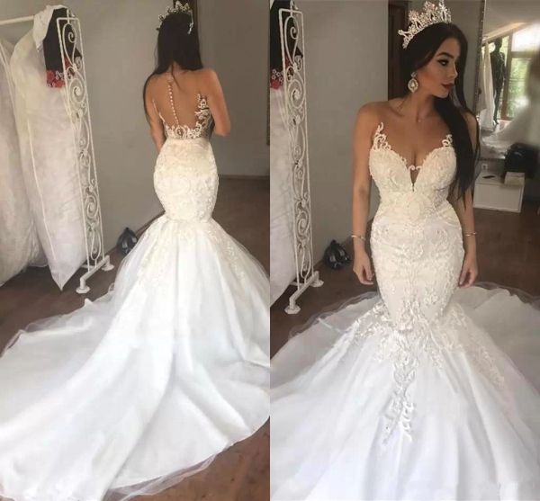 Meerjungfrau Brautkleider Brautkleid Spitze Applikze Sheer Neckriemen Rüschen Sweep Zug maßgeschneiderte Plus -Größe Vestido de Novia Designerin Tulle Satin 403 Signer Signer