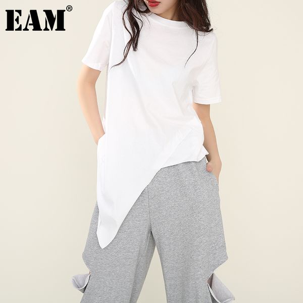 

[eam] women white irregular split joint brief t-shirt round neck short sleeve fashion spring summer 1w63700 210512
