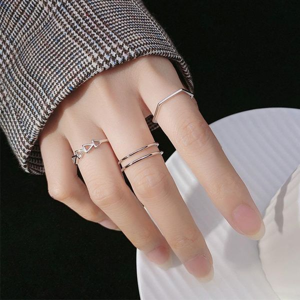 

cluster rings simple open finger ring 925 sterling silver adjustable for women handmade female jewelry round geometric triangle waves, Golden;silver