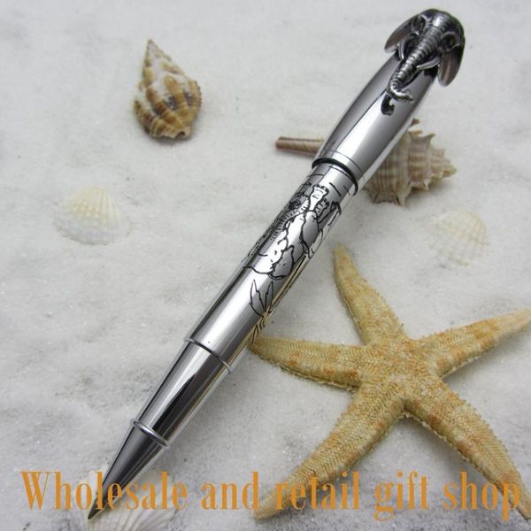 

fuliwen silver rollerball pen with elephant head on the cap vintage style f2053 ballpoint pens, Blue;orange
