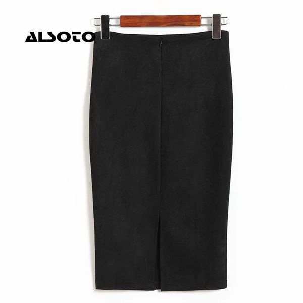 

skirts women pencil skirt summer plus size knee-length female vintage suede split jupe femme faldas mujer, Black