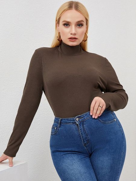 

plus ribbed knit high neck bodysuit e1ba#, Black