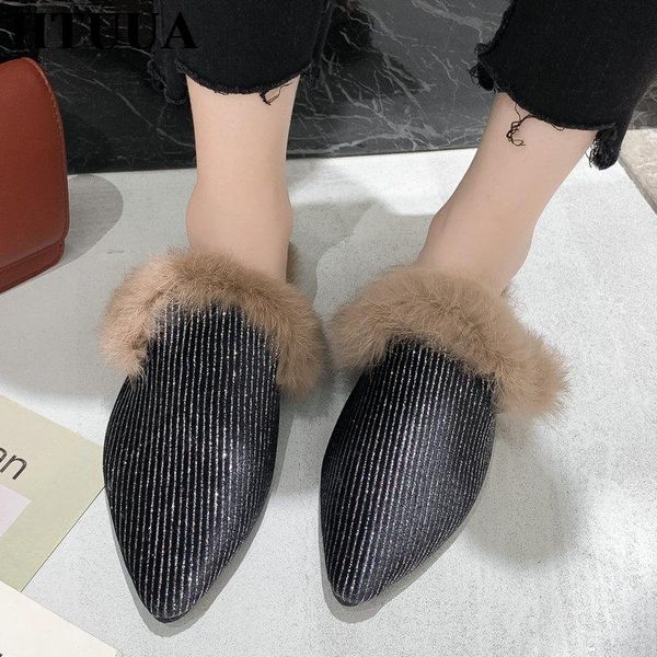 

slippers htuua fluffy fur women autumn winter warm plush flat mules shoes woman flock pointed toe furry slides sx3442, Black