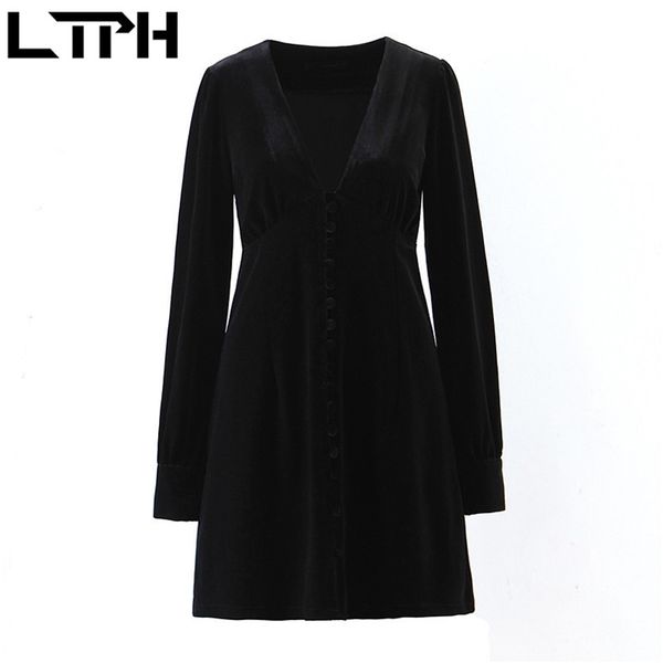 

ltph v-neck women dress black all-match single breasted long sleeve vintage elegant casual dresses spring autumn 210423, Tan;black