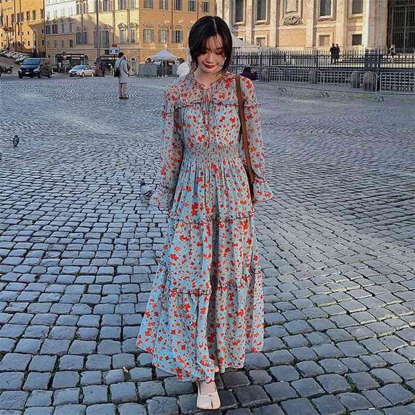 

women spring autumn floral print long chiffon boho dress sleeve casual maxi dresses ladies vintage vestidos 210519, Black;gray