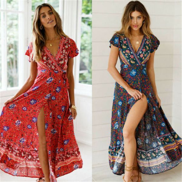 

Women Floral Maxi Dress Boho Evening Party Summer Beach Casual Long Sundress, Blue