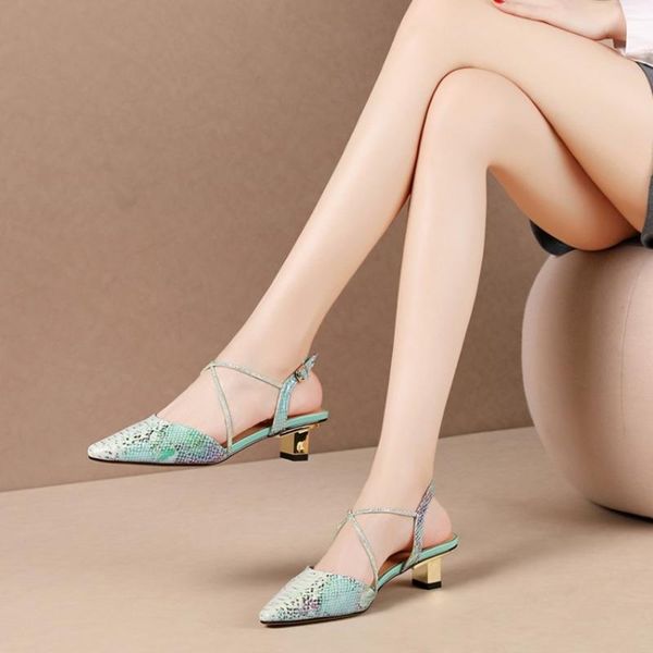 

dress shoes 2021 wild high-heeled serpentine pointed sandals women's with a word buckle genuine leather, Black