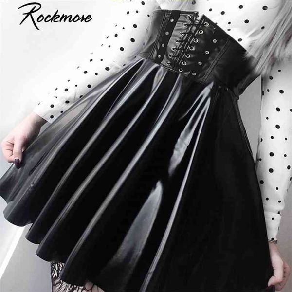 

rockmore pu leather nightclub a-line mini skirt women zipper gothic punk style high waist micro above knee skirts womens 210329, Black