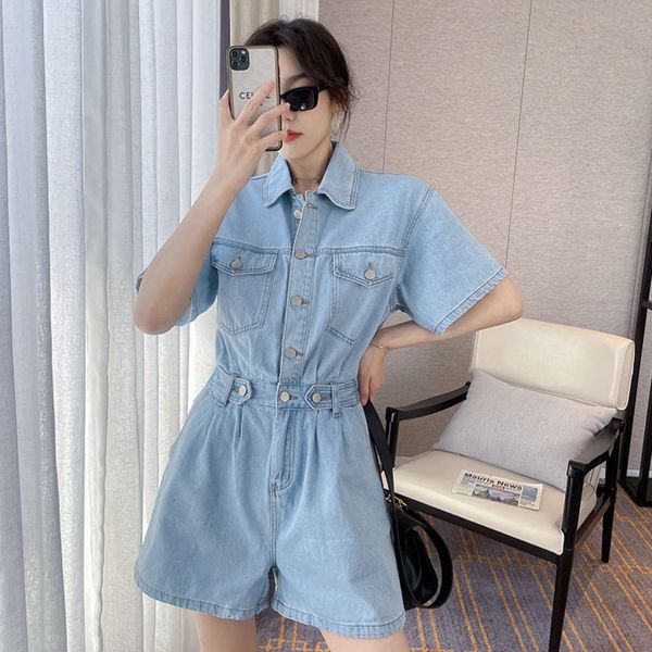 

summer thin loose one-piece shorts high waist slim denim pants women, Blue