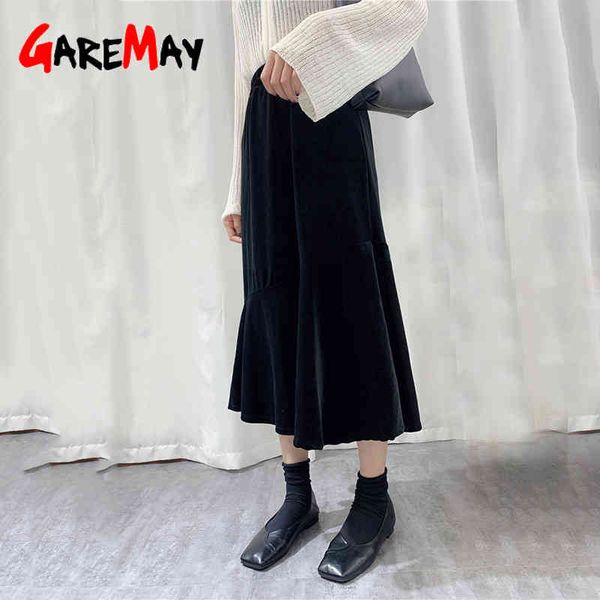 

fashion autumn winter skirt female korean style skirts long for girls high waist warm pleated velvet women's 210428, Black
