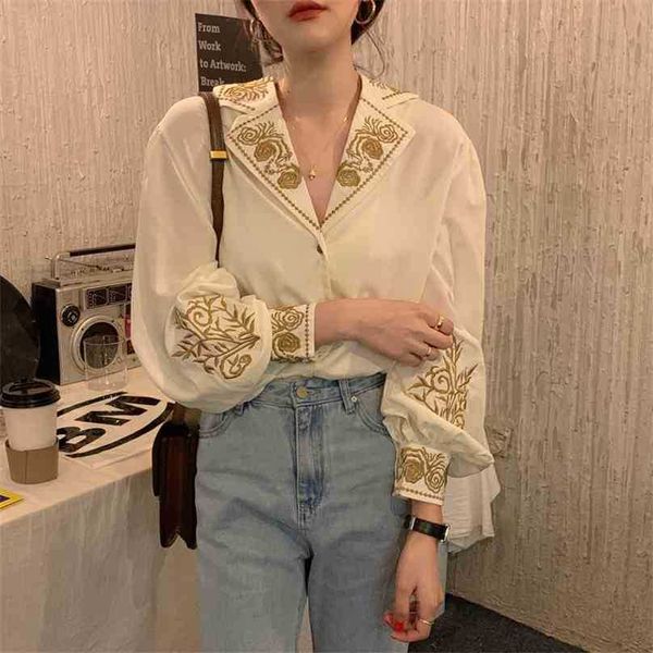 Retro Kadınlar Gevşek Nakış Tüm Maç Chic Vintage Nazik Şık Bluz Elegance Kadın Gömlek Tops 210525